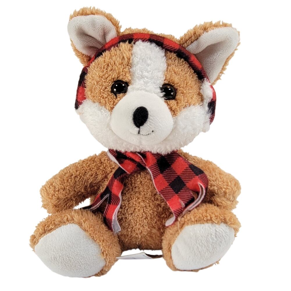 Light Brown Dog Plush Stuffed Animal 7" Red Plaid Earmuffs Scarf Soft Toy Corgi